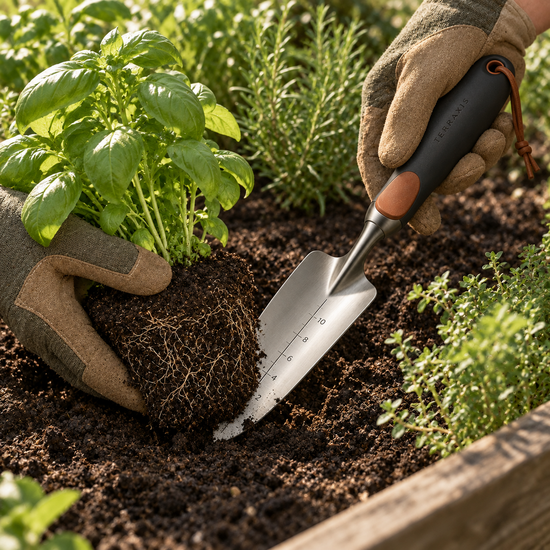 TerraCore T1 transplanting trowel in use in cultivated garden soil