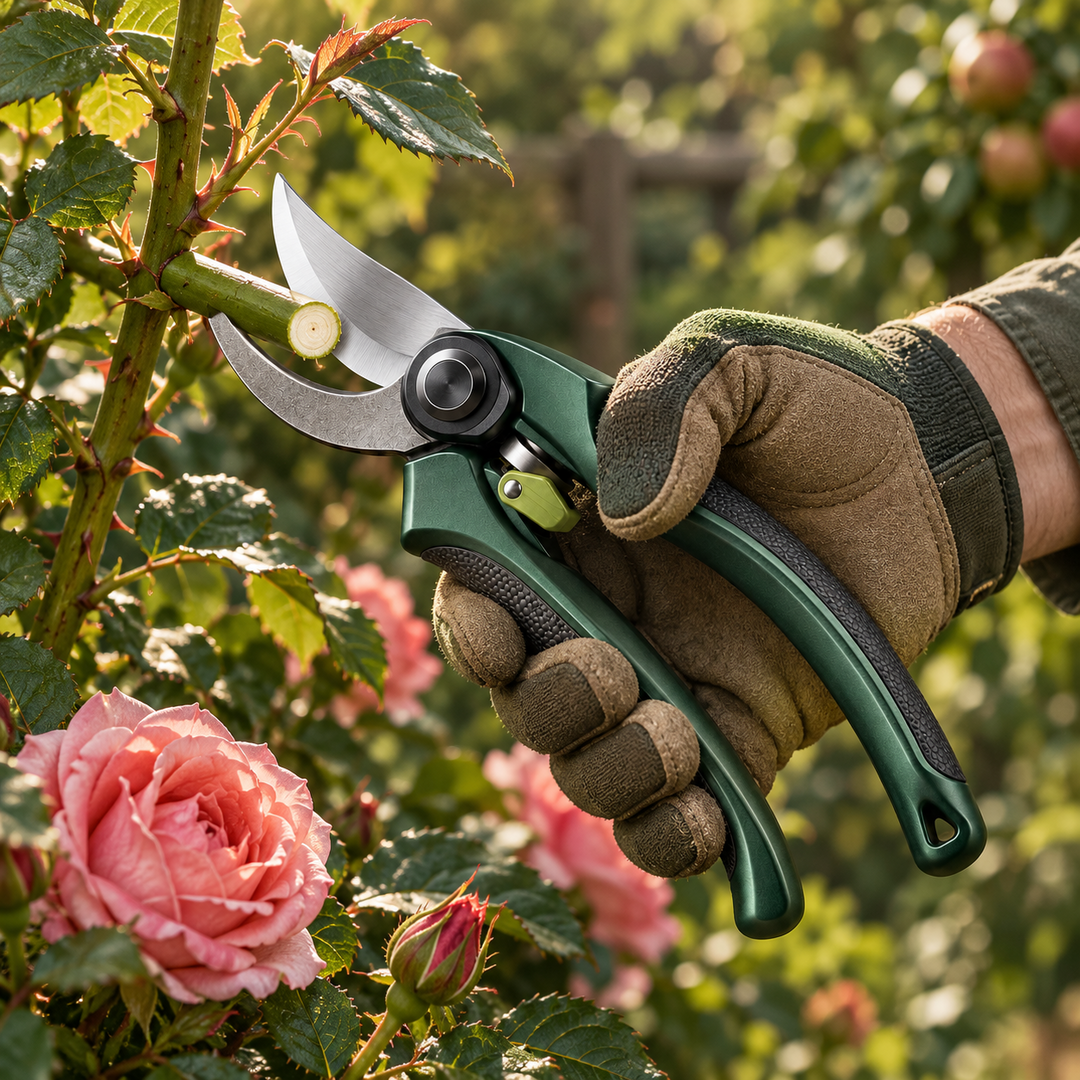 Vectra P8 bypass pruner making a clean cut on a live stem