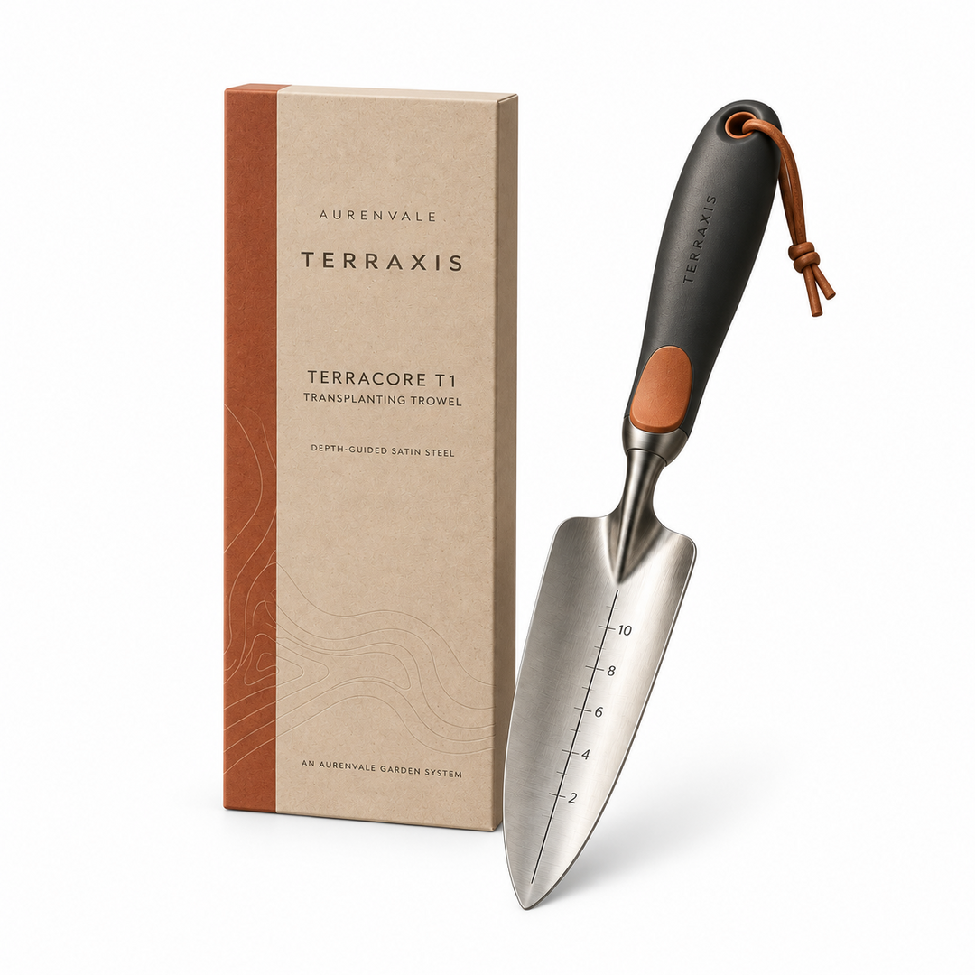 TerraCore T1 stainless-steel transplanting trowel on white background