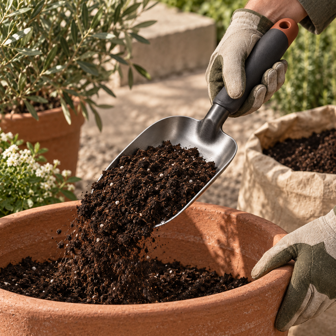 BedForm W2 wide planting trowel shaping soil in a garden bed