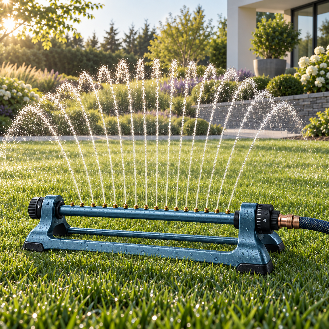 RainGrid S18 oscillating sprinkler watering a landscaped lawn