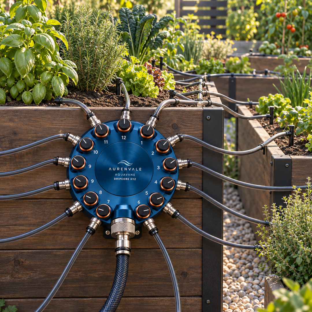 DripCore H12 hub distributing water to multiple garden zones