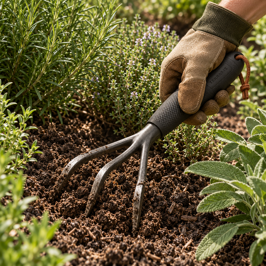 RootLine C3 three-tine cultivator loosening garden soil