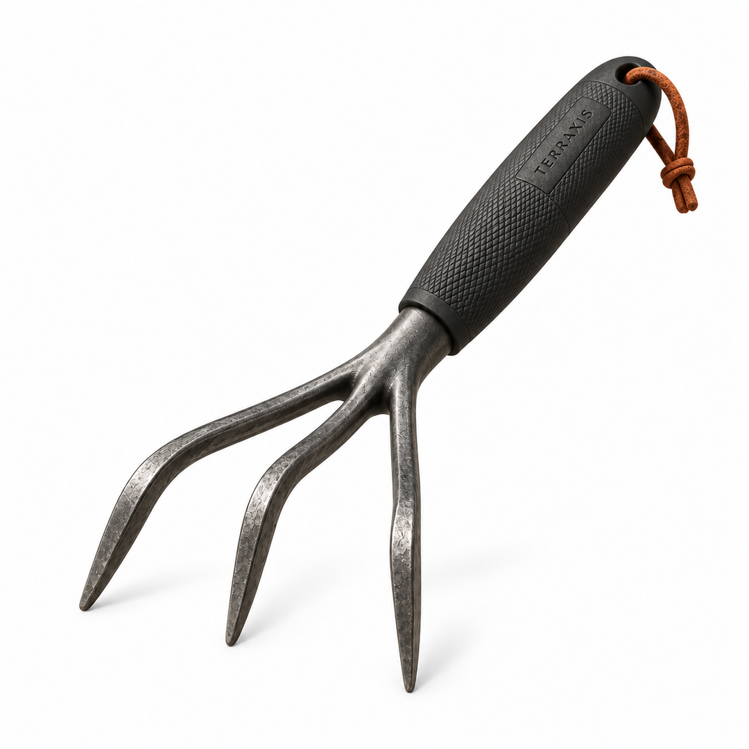 RootLine C3 three-tine hand cultivator on white background