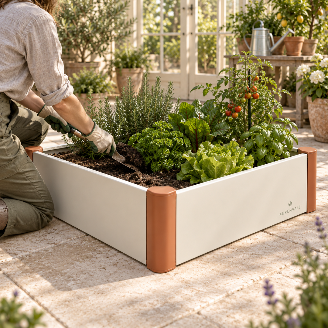 BedFrame C90 raised garden bed planted in a courtyard
