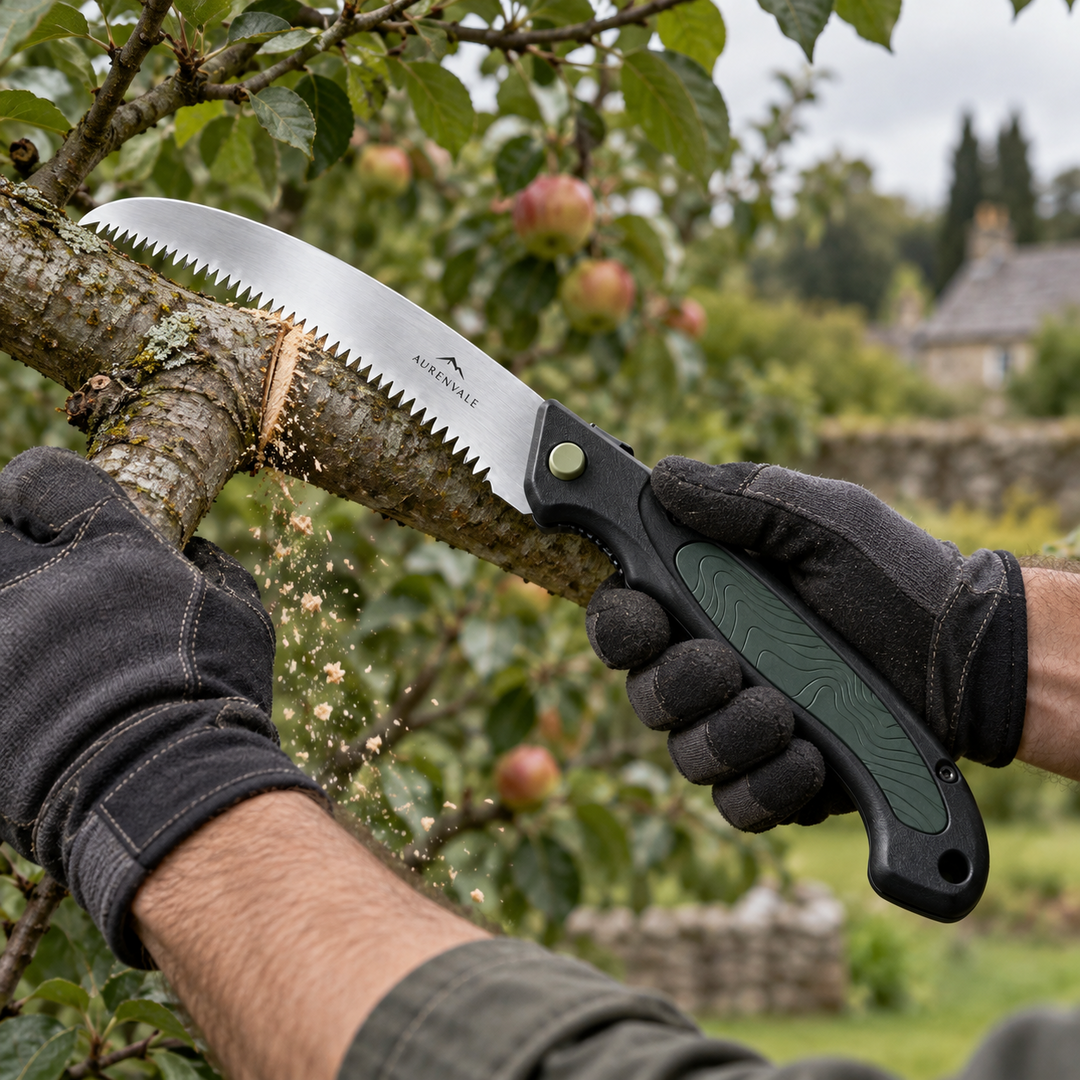 FoldSaw F18 curved pruning saw cutting a garden branch