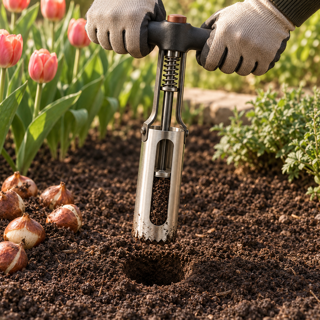 BulbPress B5 core planter making a planting hole for bulbs
