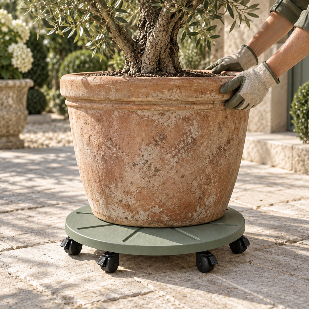 GlideBase P35 rolling caddy supporting a large garden planter