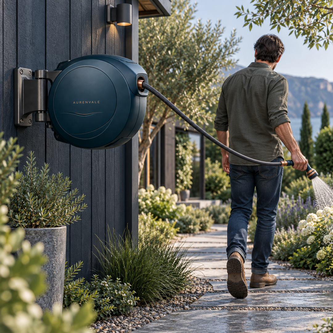WallFlow R20 auto-rewind hose reel installed on a garden wall