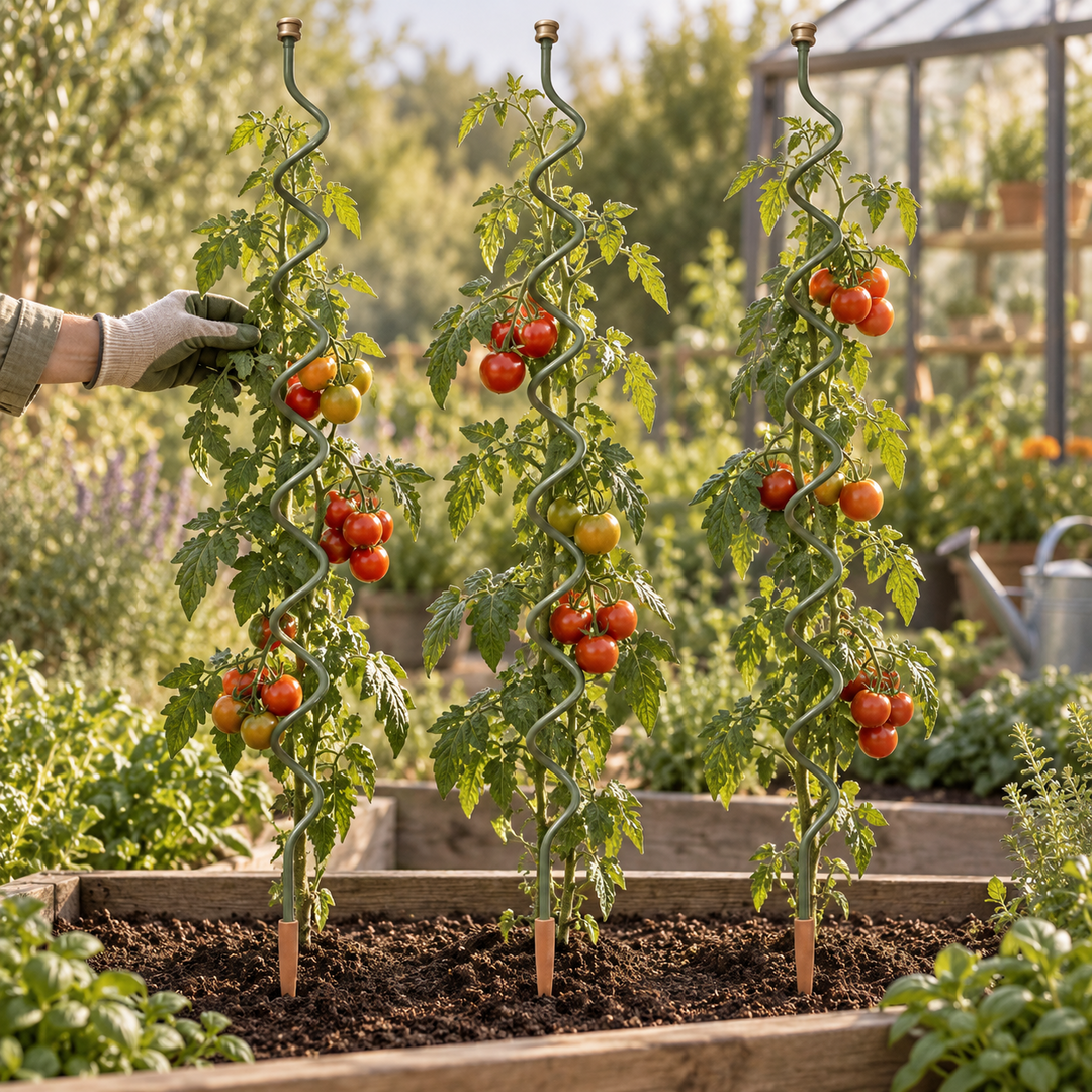 SpiralStem S150 stake guiding a growing tomato vine