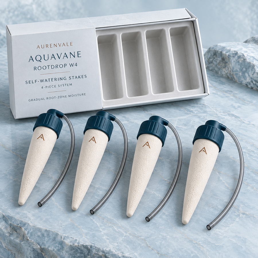 AURENVALE AQUAVANE RootDrop W4 self-watering stakes in presentation tray