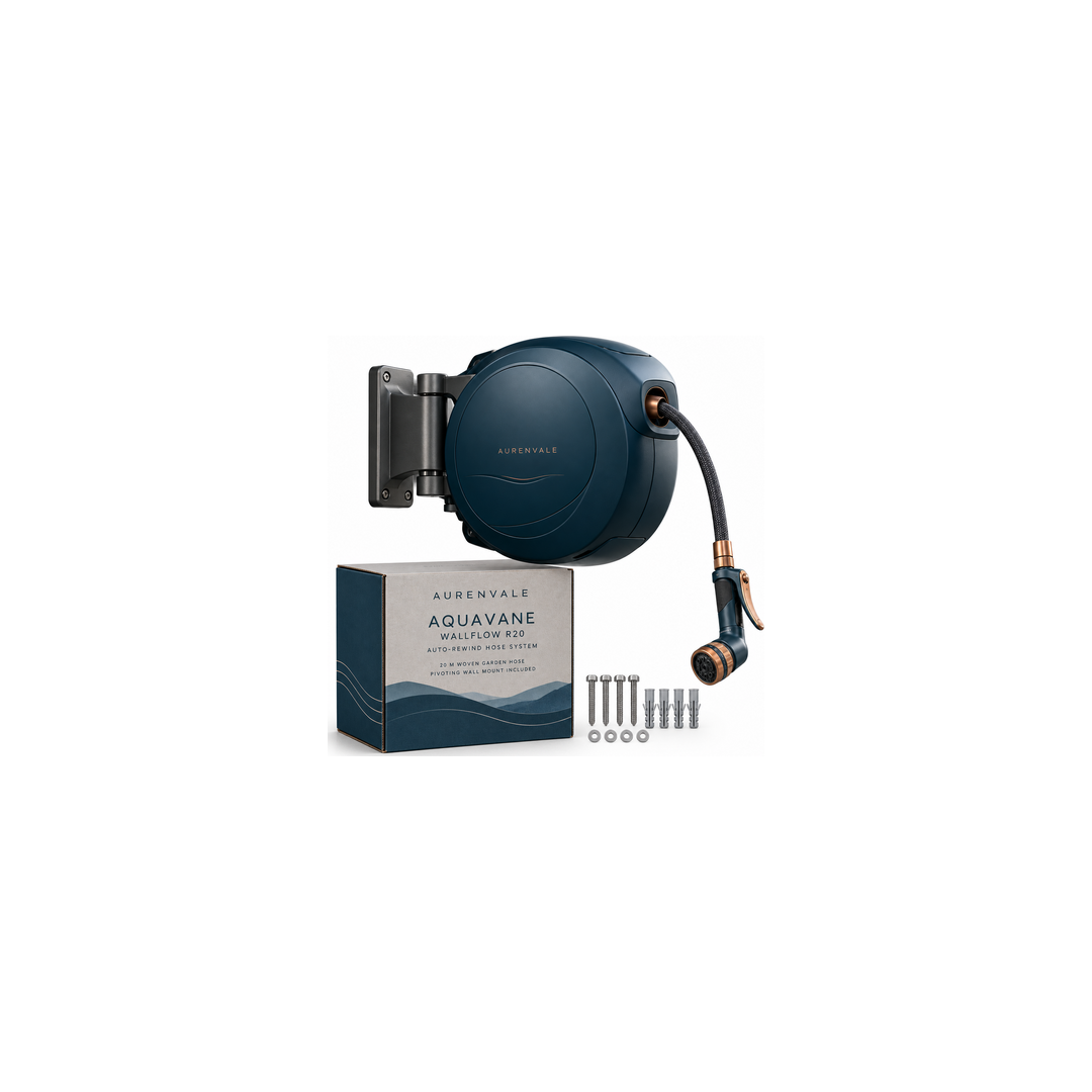 WallFlow R20 navy auto-rewind hose reel on white background